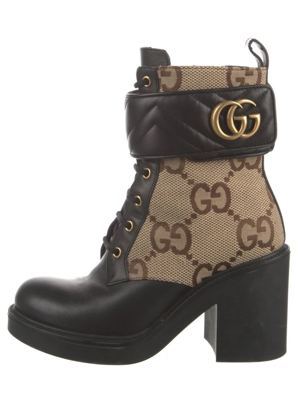 Gucci Black Leather & Brown GG Canvas Lace-Up Ankle Boots